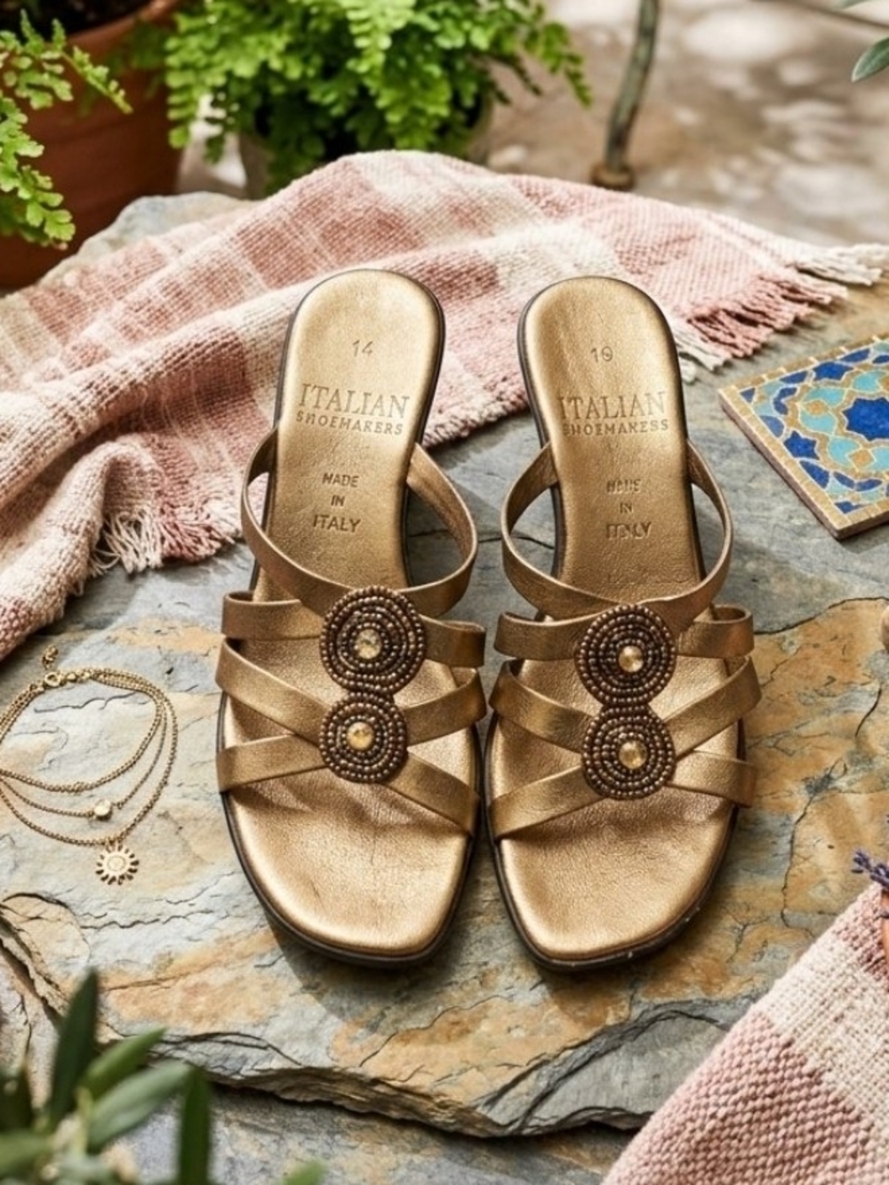 Italian Shoemakers Gold Beaded Strappy Slide Sandals Size 6.5
